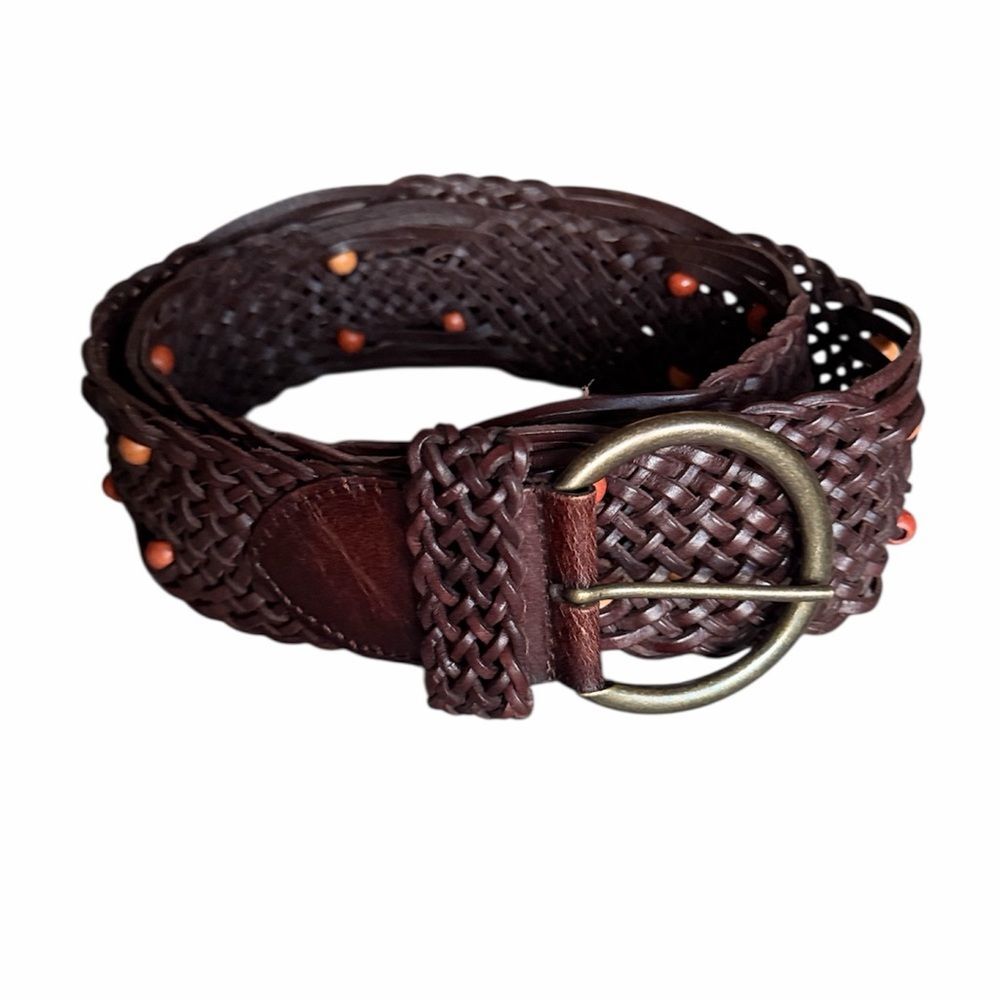 Vintage Ann Taylor LOFT Woven Leather Belt Brown Size L Boho Brass Buckle